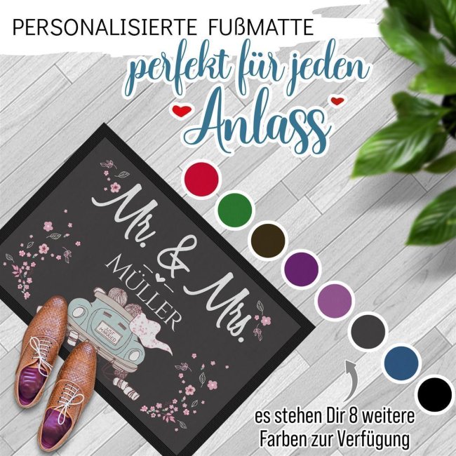 Fu&szlig;matte mit Name - Mr und Mrs - Motiv Cabrio - 120 x 80 cm Grau