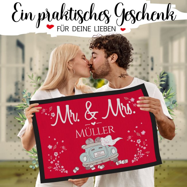 Fu&szlig;matte mit Name - Mr und Mrs - Motiv Cabrio - 120 x 80 cm Grau