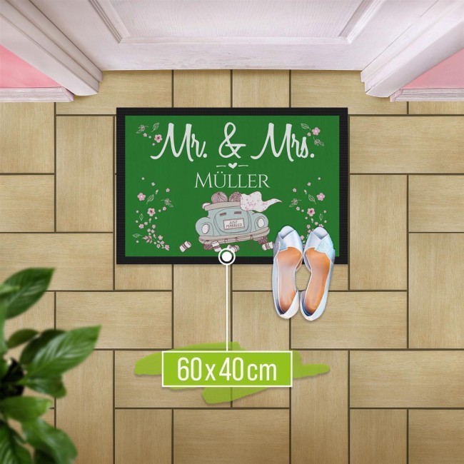 Fu&szlig;matte mit Name - Mr und Mrs - Motiv Cabrio - 120 x 80 cm Grau