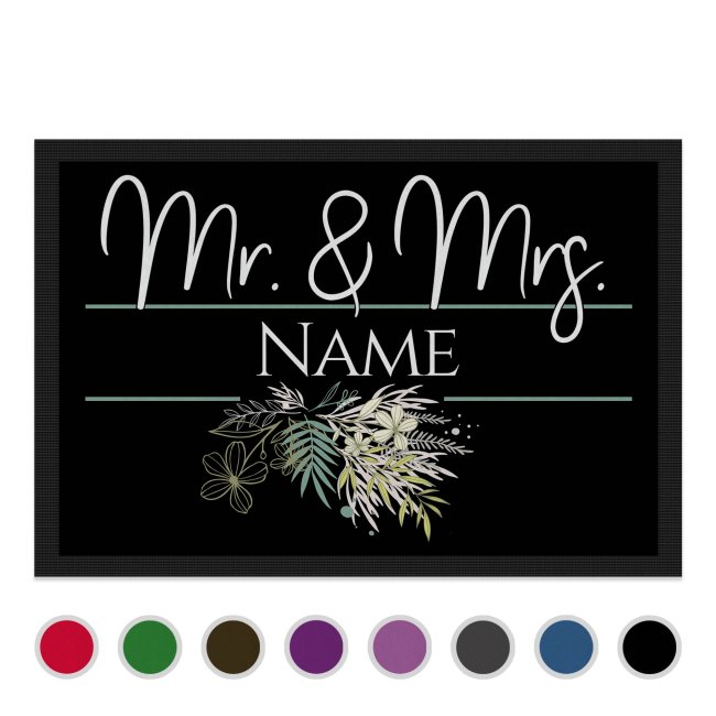 Fu&szlig;matte mit Name - Mr und Mrs - Florales Design - 75 x 50 cm - Schwarz