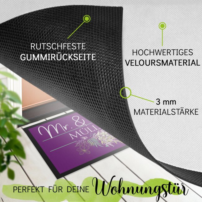 Fu&szlig;matte mit Name - Mr und Mrs - Florales Design - 75 x 50 cm - Schwarz