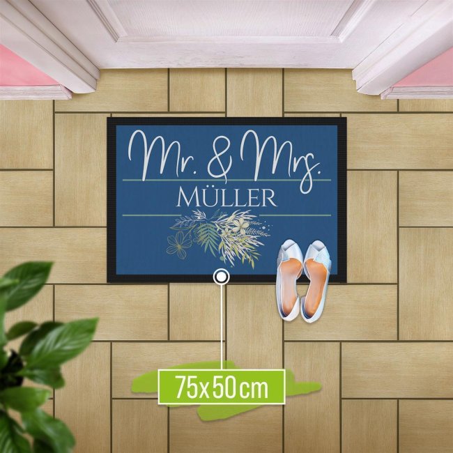 Fu&szlig;matte mit Name - Mr und Mrs - Florales Design - 75 x 50 cm - Schwarz