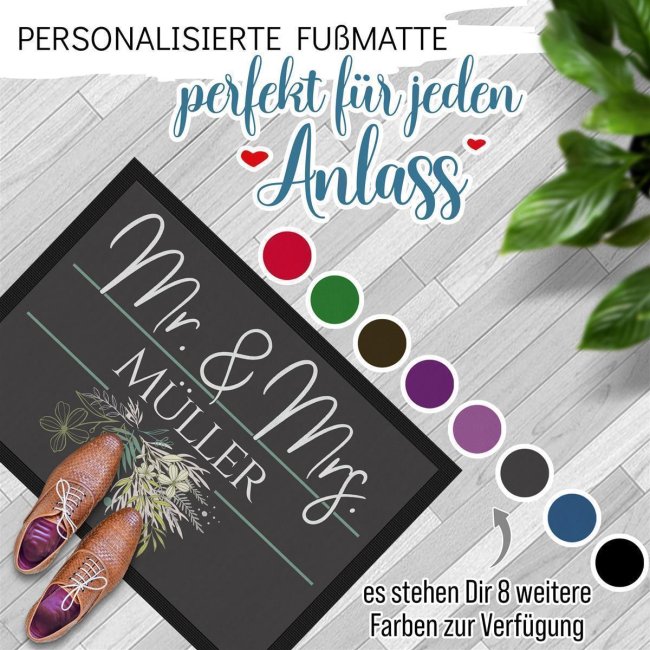 Fu&szlig;matte mit Name - Mr und Mrs - Florales Design - 75 x 50 cm - Schwarz