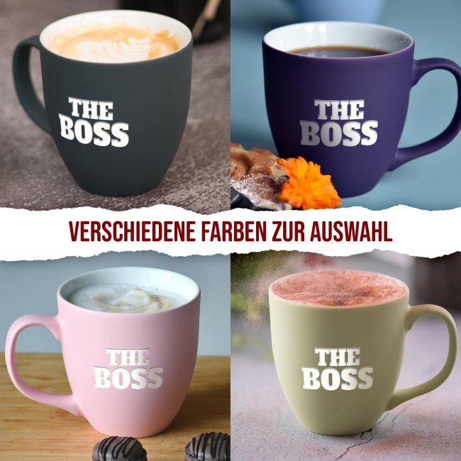 Samtig-matte Porzellantasse mit Gravur - XXL Jumbotasse - THE BOSS - Cozy Caramel