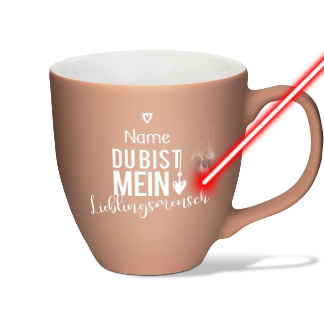 Samtig-matte Porzellantasse mit Gravur - XXL Jumbotasse - Lieblingsmensch - mit Name personalisierbar - Cozy Caramel