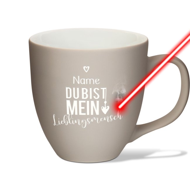 Samtig-matte Porzellantasse mit Gravur - XXL Jumbotasse - Lieblingsmensch - mit Name personalisierbar - Warm Grey