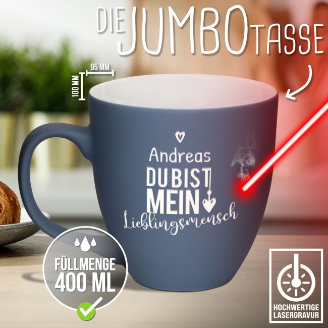 Samtig-matte Porzellantasse mit Gravur - XXL Jumbotasse - Lieblingsmensch - mit Name personalisierbar - Warm Grey