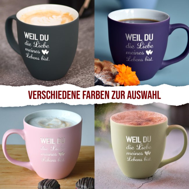 Samtig-matte Porzellantasse mit Gravur - XXL Jumbotasse - Liebe meines Lebens - Pastel Pink