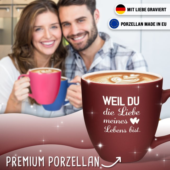 Samtig-matte Porzellantasse mit Gravur - XXL Jumbotasse - Liebe meines Lebens - Pastel Pink