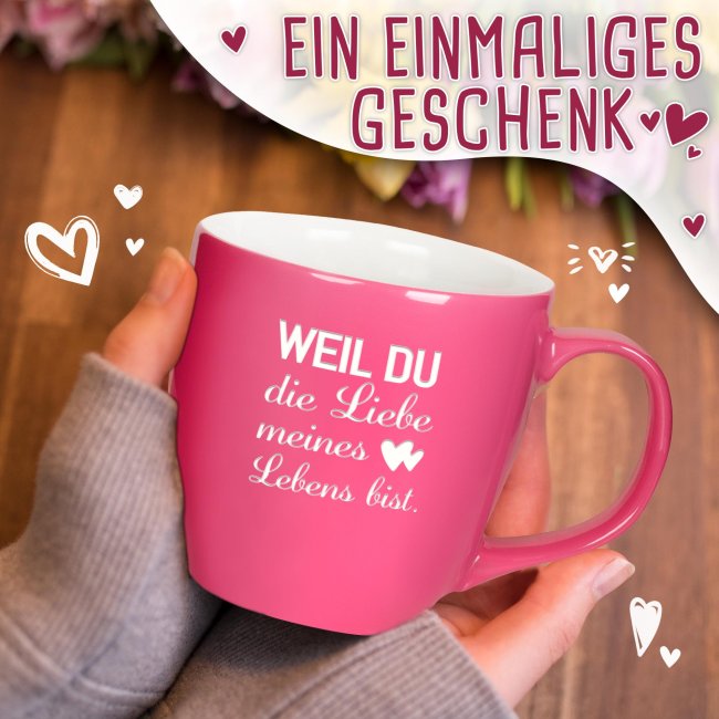 Samtig-matte Porzellantasse mit Gravur - XXL Jumbotasse - Liebe meines Lebens - Fancy Pink