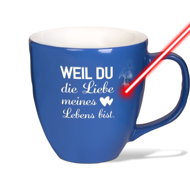 Samtig-matte Porzellantasse mit Gravur - XXL Jumbotasse - Liebe meines Lebens - Pacific Blue