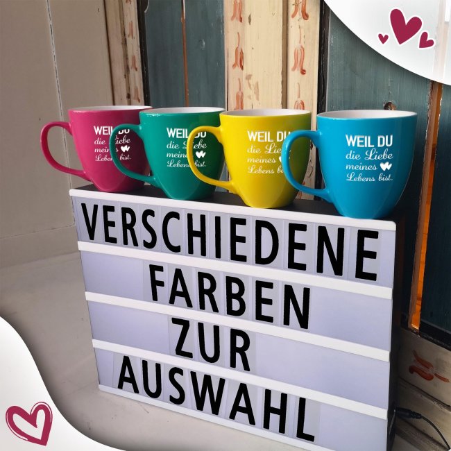Samtig-matte Porzellantasse mit Gravur - XXL Jumbotasse - Liebe meines Lebens - Pacific Blue
