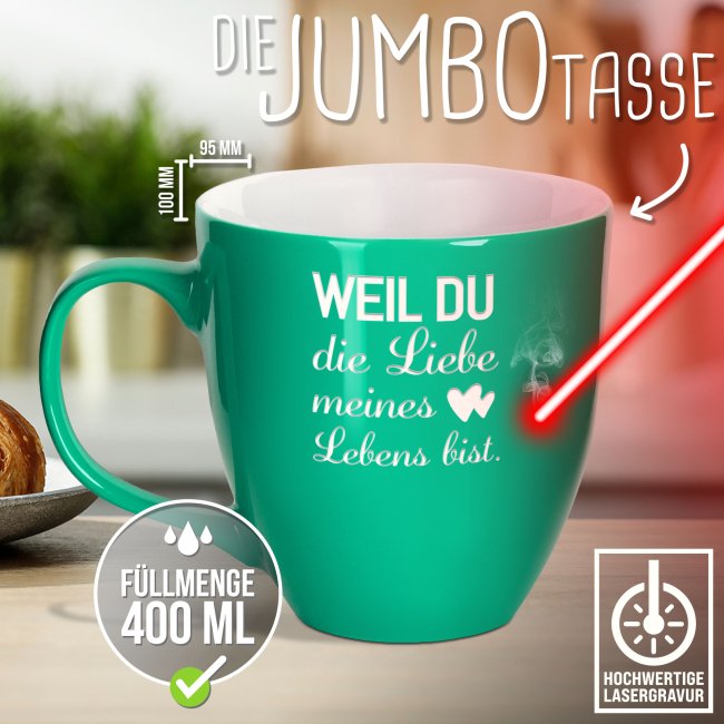 Samtig-matte Porzellantasse mit Gravur - XXL Jumbotasse - Liebe meines Lebens - Pacific Blue