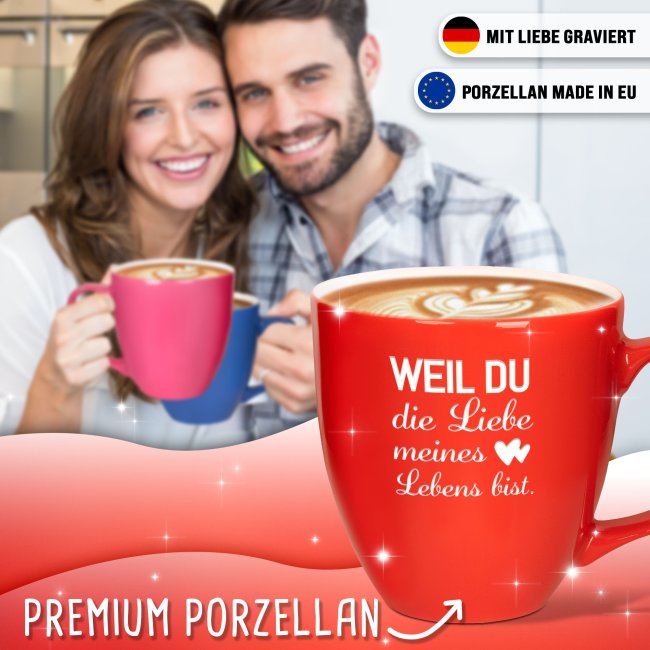 Samtig-matte Porzellantasse mit Gravur - XXL Jumbotasse - Liebe meines Lebens - Pacific Blue