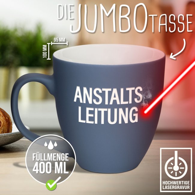 Samtig-matte Porzellantasse mit Gravur - XXL Jumbotasse - Anstaltsleitung - Diamond Black