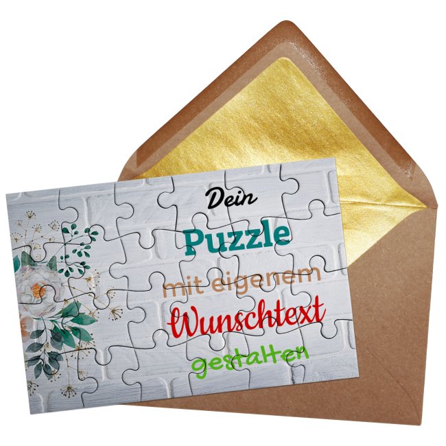 Puzzle mit pers&ouml;nlicher Botschaft selbst gestalten - Backsteinwand mit Blumen - 24 Teile im Briefumschlag mit Goldinlay