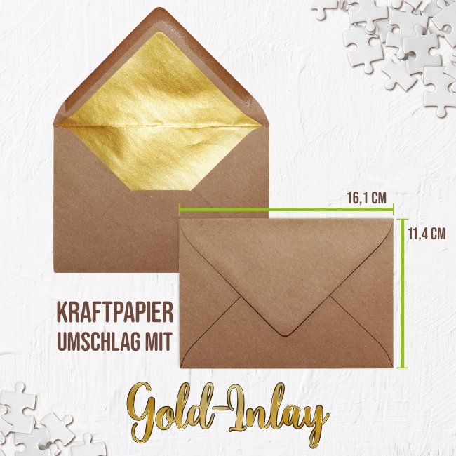 Puzzle mit pers&ouml;nlicher Botschaft selbst gestalten - Backsteinwand mit Blumen - 24 Teile im Briefumschlag mit Goldinlay