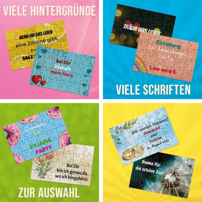 Puzzle mit pers&ouml;nlicher Botschaft selbst gestalten - Backsteinwand mit Blumen - 24 Teile im Briefumschlag mit Goldinlay