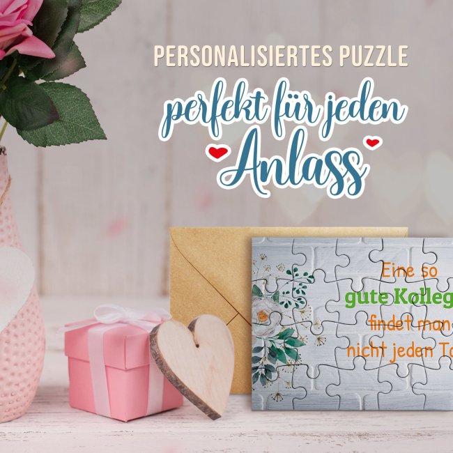 Puzzle mit pers&ouml;nlicher Botschaft selbst gestalten - Backsteinwand mit Blumen - 24 Teile im Briefumschlag mit Goldinlay