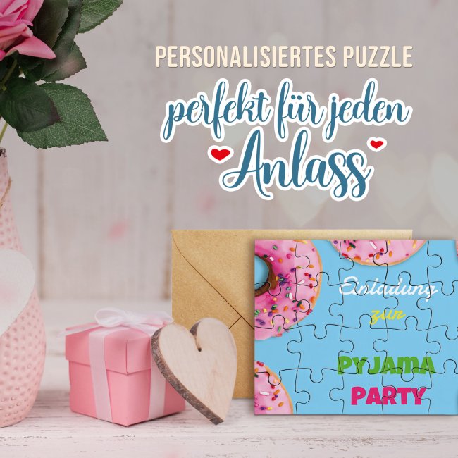 Puzzle mit pers&ouml;nlicher Botschaft selbst gestalten - Donuts - 24 Teile im Briefumschlag mit Goldinlay