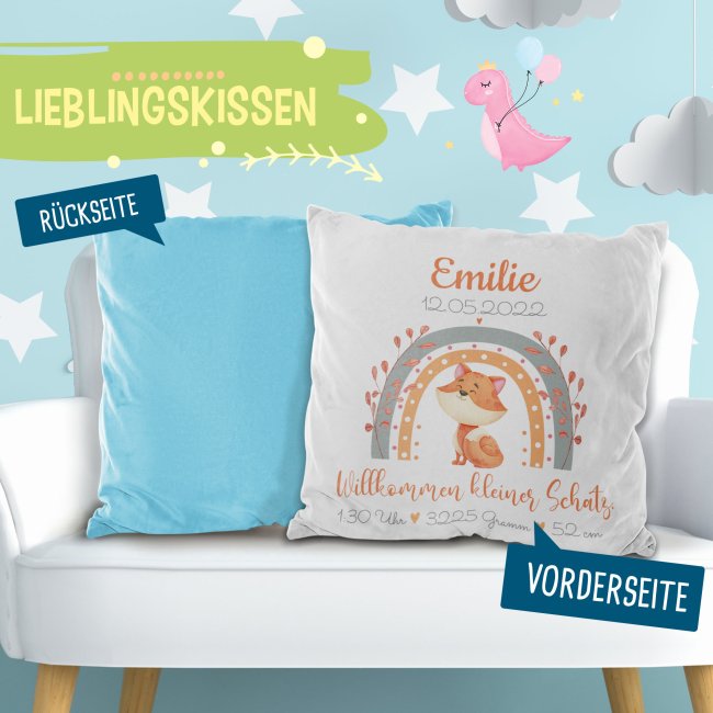 Kissen mit Fuchs - Kleiner Schatz - personalisierbar mit Name und Geburtsdaten - R&uuml;ckseite Hellblau