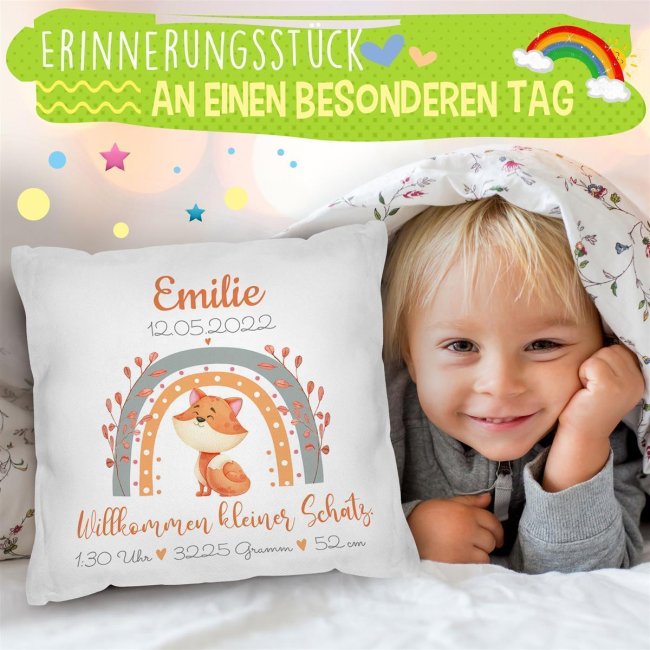 Kissen mit Fuchs - Kleiner Schatz - personalisierbar mit Name und Geburtsdaten - R&uuml;ckseite Hellblau