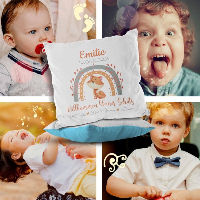 Kissen mit Fuchs - Kleiner Schatz - personalisierbar mit Name und Geburtsdaten - R&uuml;ckseite Hellblau