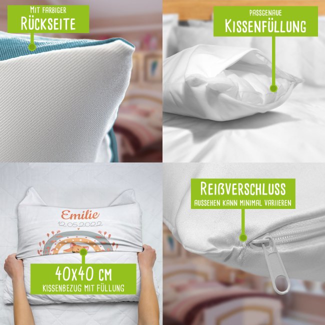 Kissen mit Fuchs - Kleiner Schatz - personalisierbar mit Name und Geburtsdaten - R&uuml;ckseite Hellblau
