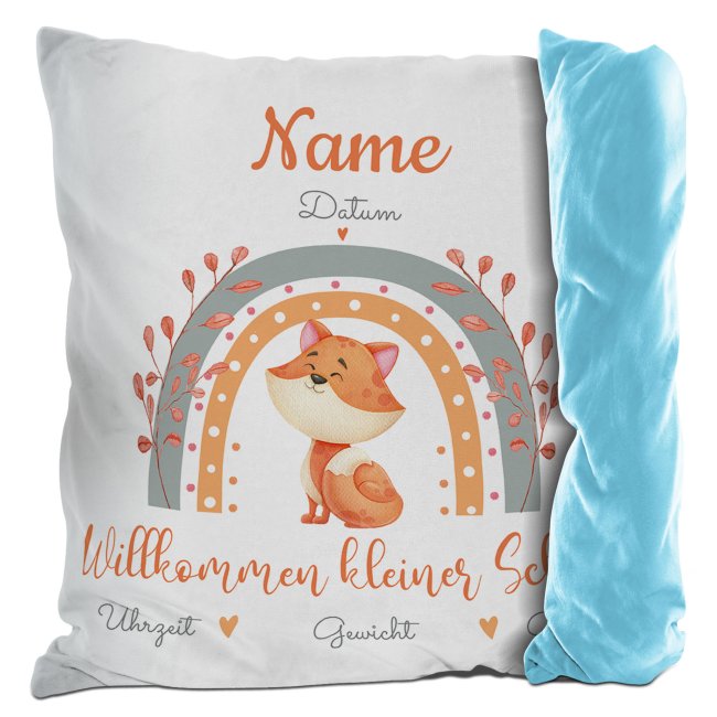 Kissen mit Fuchs - Kleiner Schatz - personalisierbar mit Name und Geburtsdaten - R&uuml;ckseite Hellblau