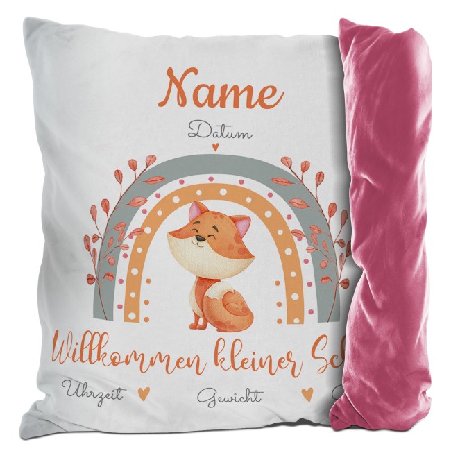 Kissen mit Fuchs - Kleiner Schatz - personalisierbar mit Name und Geburtsdaten - R&uuml;ckseite Pink