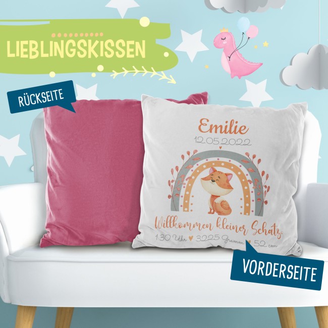 Kissen mit Fuchs - Kleiner Schatz - personalisierbar mit Name und Geburtsdaten - R&uuml;ckseite Pink
