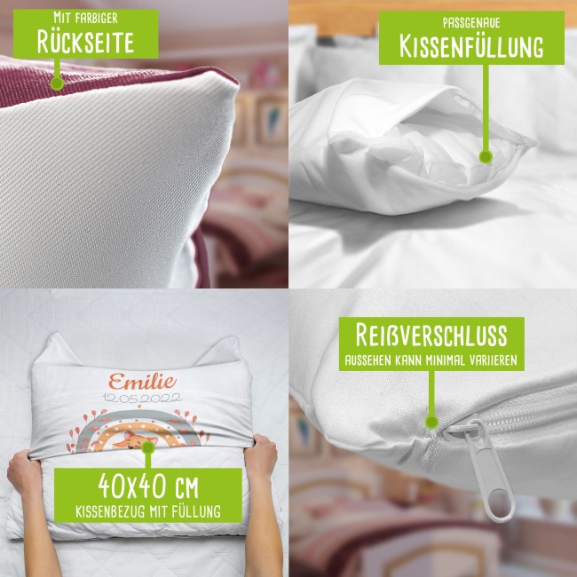 Kissen mit Fuchs - Kleiner Schatz - personalisierbar mit Name und Geburtsdaten - R&uuml;ckseite Pink