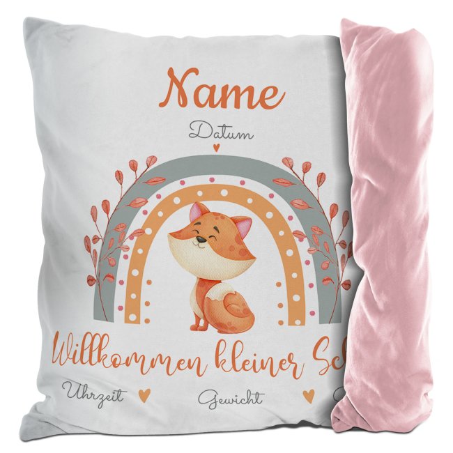 Kissen mit Fuchs - Kleiner Schatz - personalisierbar mit Name und Geburtsdaten - R&uuml;ckseite Rosa