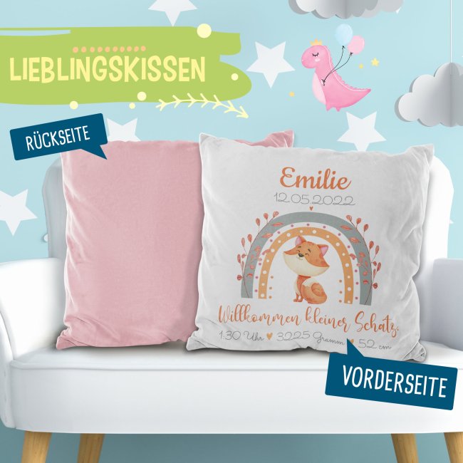 Kissen mit Fuchs - Kleiner Schatz - personalisierbar mit Name und Geburtsdaten - R&uuml;ckseite Rosa