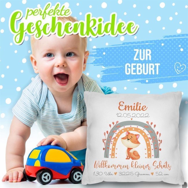 Kissen mit Fuchs - Kleiner Schatz - personalisierbar mit Name und Geburtsdaten - R&uuml;ckseite Rosa