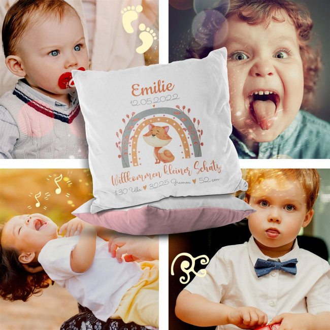 Kissen mit Fuchs - Kleiner Schatz - personalisierbar mit Name und Geburtsdaten - R&uuml;ckseite Rosa