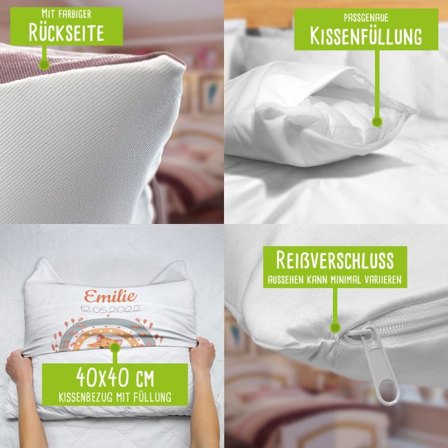 Kissen mit Fuchs - Kleiner Schatz - personalisierbar mit Name und Geburtsdaten - R&uuml;ckseite Rosa