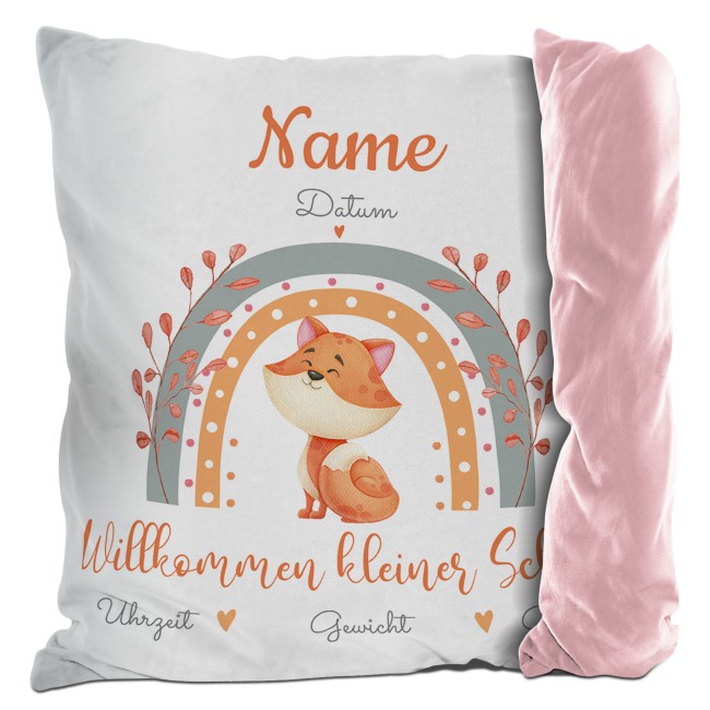 Kissen mit Fuchs - Kleiner Schatz - personalisierbar mit Name und Geburtsdaten - R&uuml;ckseite Rosa
