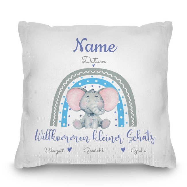 Kissen mit Elefant - Kleiner Schatz - personalisierbar mit Name und Geburtsdaten - R&uuml;ckseite Weiss Polyester