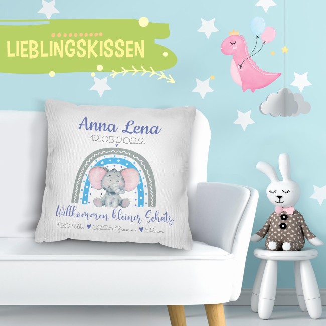 Kissen mit Elefant - Kleiner Schatz - personalisierbar mit Name und Geburtsdaten - R&uuml;ckseite Weiss Polyester