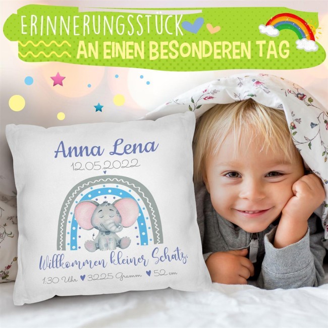 Kissen mit Elefant - Kleiner Schatz - personalisierbar mit Name und Geburtsdaten - R&uuml;ckseite Weiss Polyester