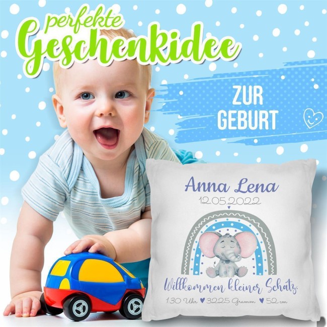 Kissen mit Elefant - Kleiner Schatz - personalisierbar mit Name und Geburtsdaten - R&uuml;ckseite Weiss Polyester