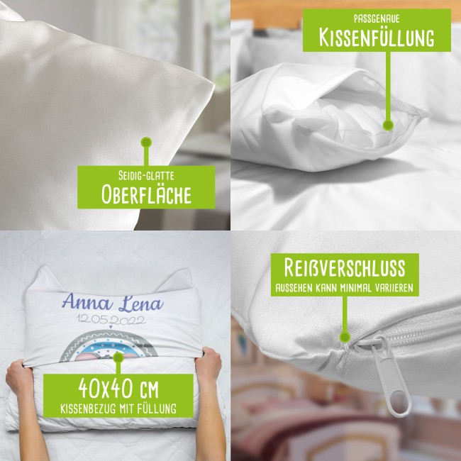 Kissen mit Elefant - Kleiner Schatz - personalisierbar mit Name und Geburtsdaten - R&uuml;ckseite Weiss Polyester