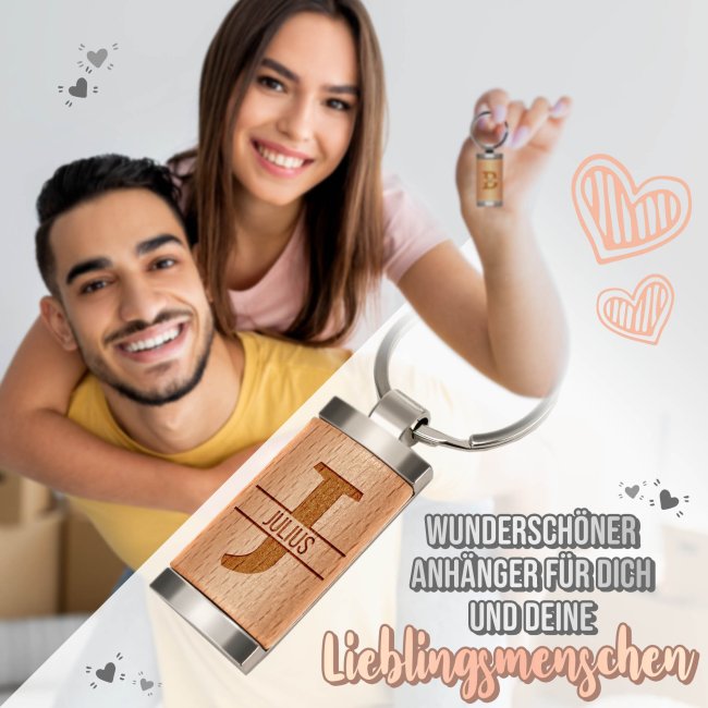 Schl&uuml;sselanh&auml;nger gravieren mit Initiale J und Name - rechteckig aus Echtholz - 24 x 48 mm