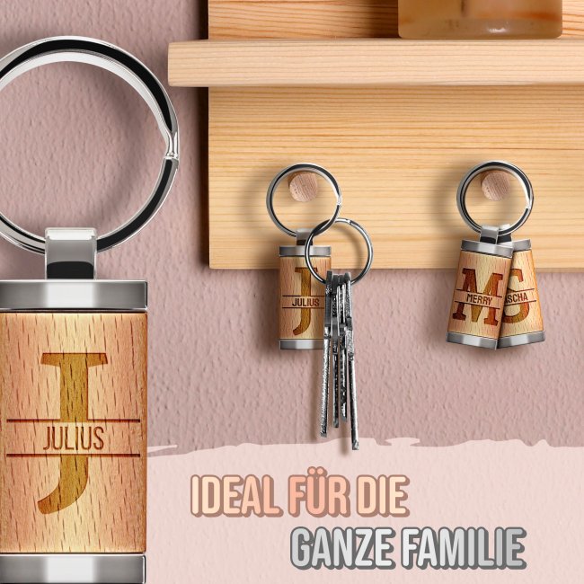 Schl&uuml;sselanh&auml;nger gravieren mit Initiale J und Name - rechteckig aus Echtholz - 24 x 48 mm