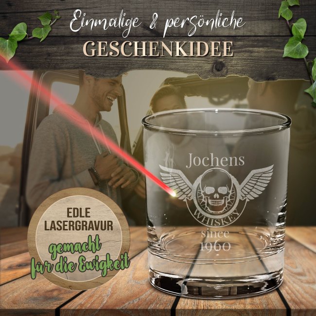 Whiskyglas - Totenkopf Engel-Jahr &amp; Name - 300 ml