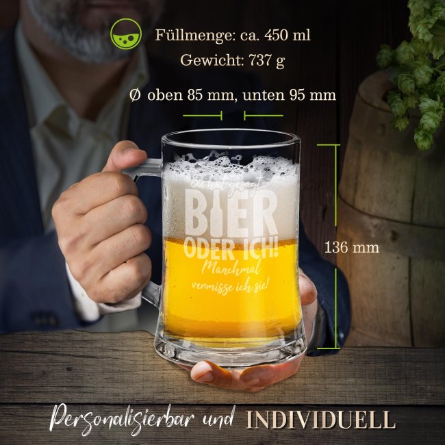Glas-Bierkrug - Bier oder ich - 500 ml - mit Henkel