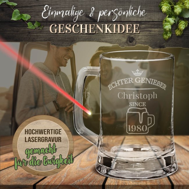Glas-Bierkrug - Echter Genie&szlig;er-Jahr &amp; Name - 450 ml - mit Henkel