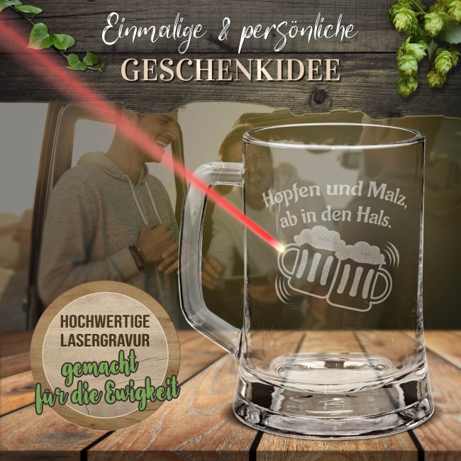 Glas-Bierkrug - Hopfen und Malz - 450 ml - mit Henkel