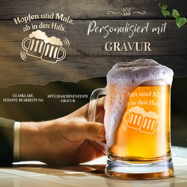 Glas-Bierkrug - Hopfen und Malz - 500 ml - mit Henkel